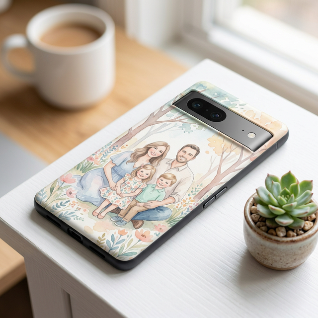 Husă cu portret acuarelă de familie