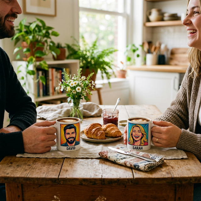 Căni personalizate pentru cuplu la mic dejun